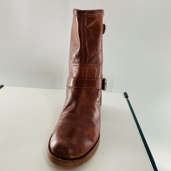 Michael KORS Leather Biker Round Toe Boot Brown 8 Distress Imperfect No Marking - Picture 2 of 16